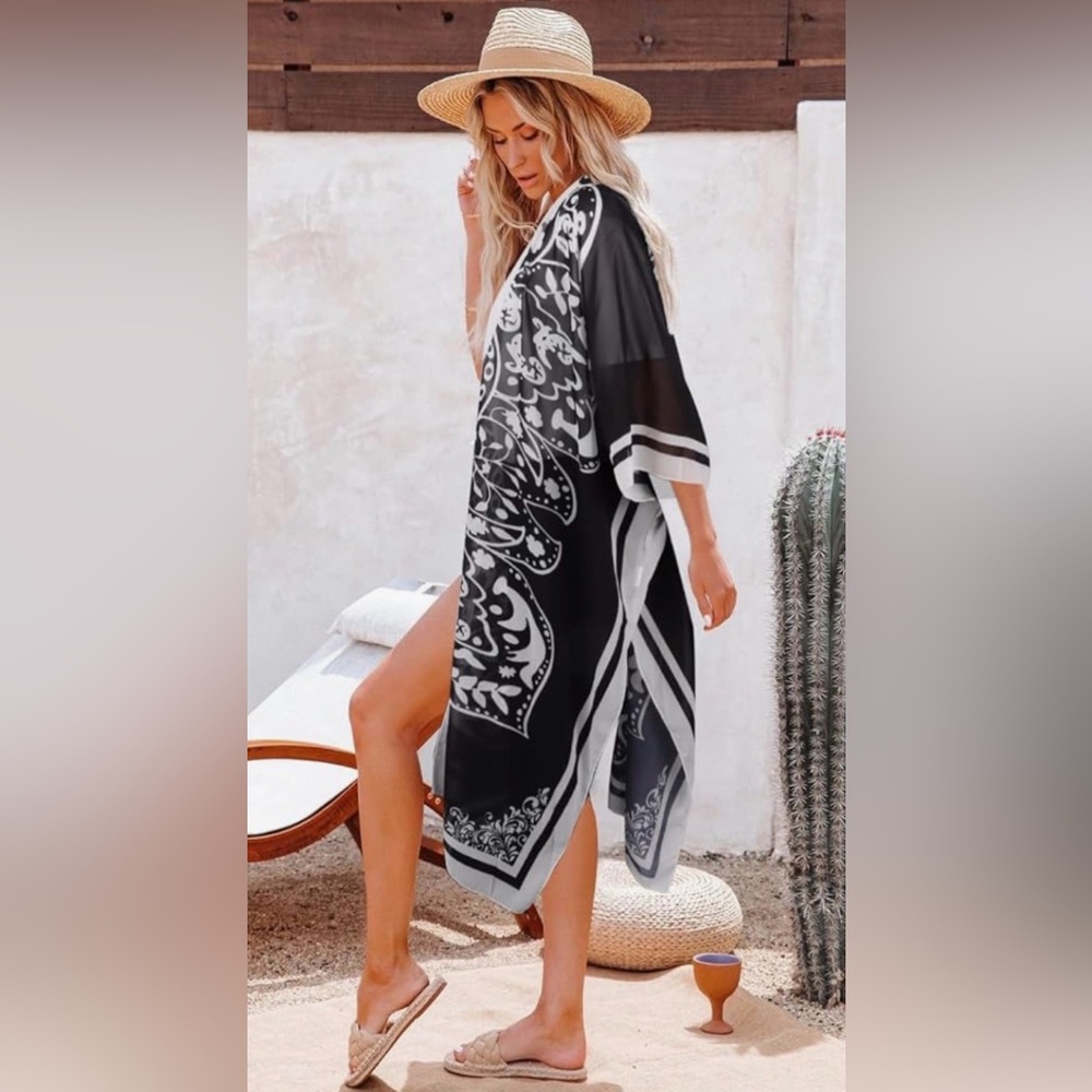 Black‎ White Paisley Floral Chiffon Kimono Cover Up Plus
